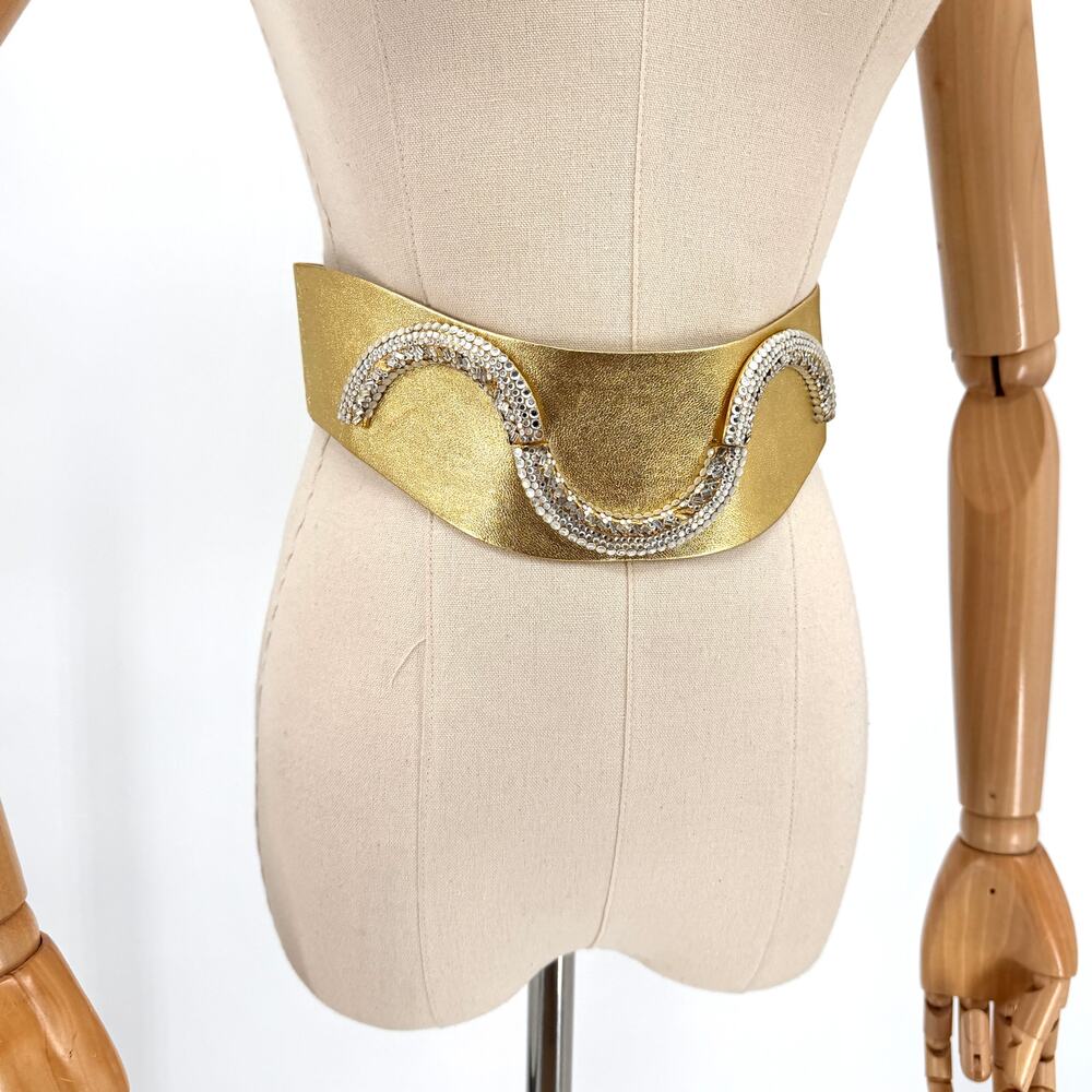 Vintage 80s Henryks Bijoux Gold Genuine Leather Austrian Crystal Belt